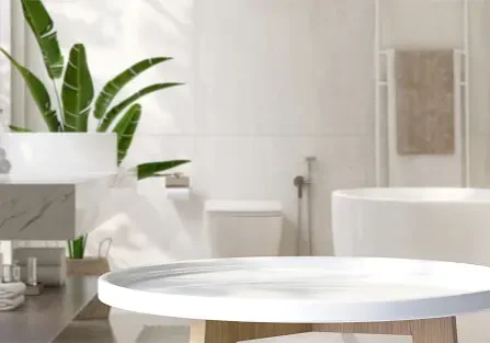 A white bathroom with a bathtub and a round table.
