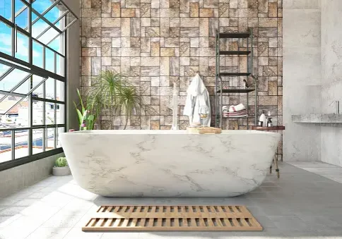 A bathtub in a bathroom.